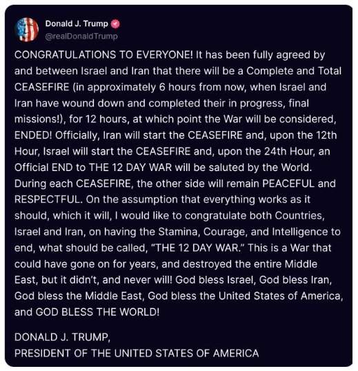 Presidenti Trump njofton armëpushim të plotë dhe total mes Iranit dhe Izraelit